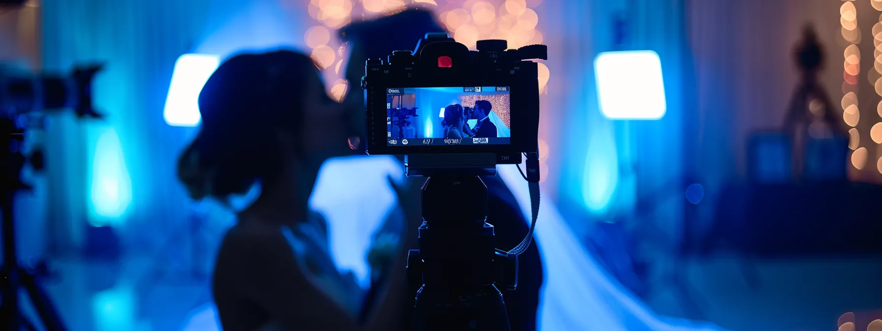 a sleek, high-tech camera capturing a romantic wedding kiss in crystal-clear detail.